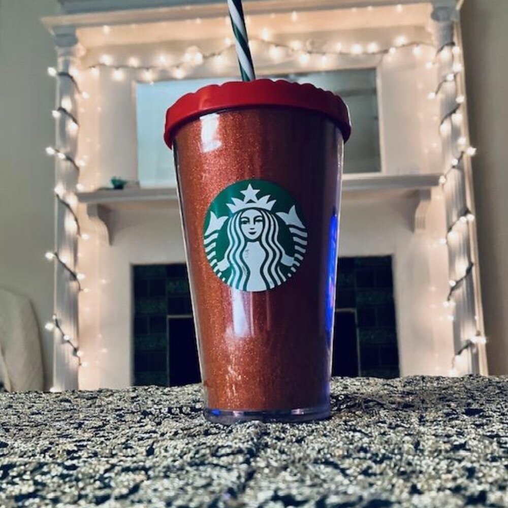 Starbucks 2016 Holiday 16oz Red Glitter Cup with Green and White Straw EUC!!!